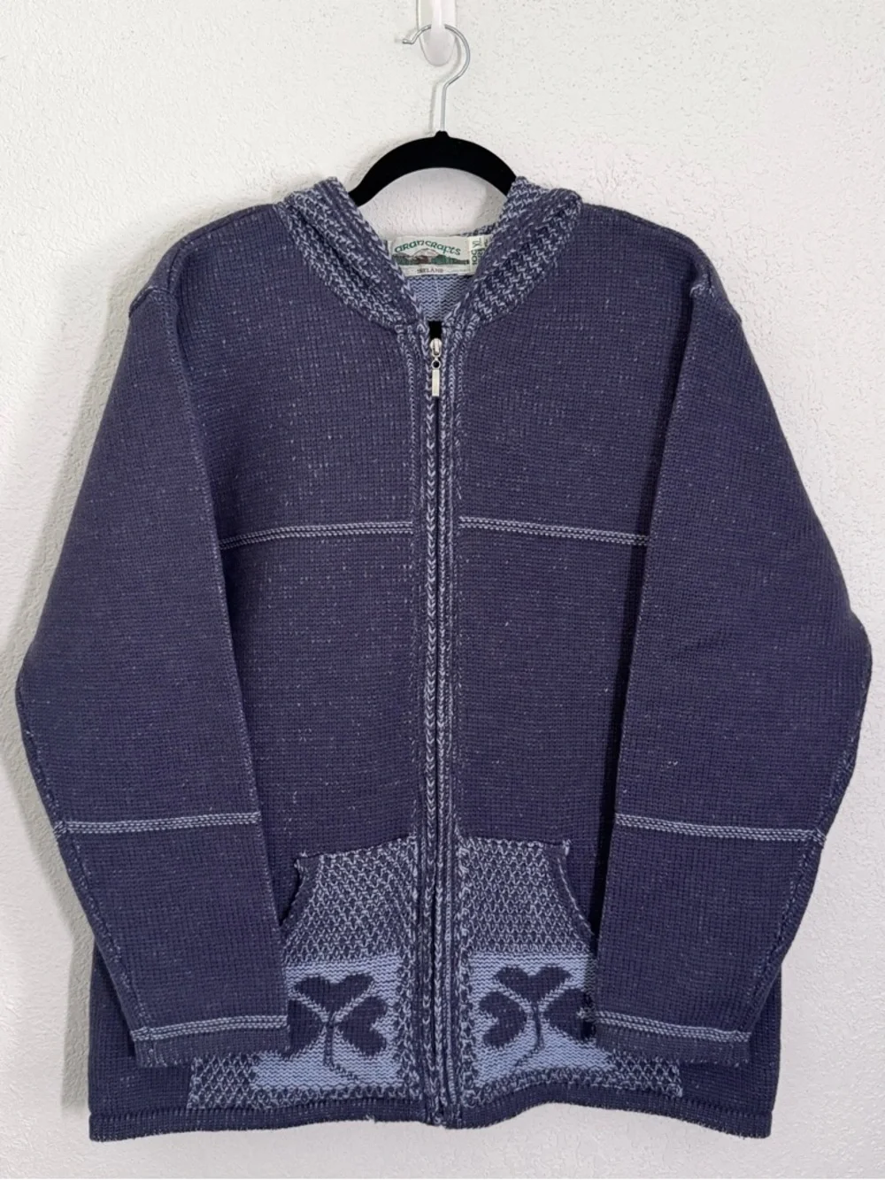 Aran Crafts 100% Merino Wool Full Zip Shamrock Clover Hooded Sweater Blue XL NEW